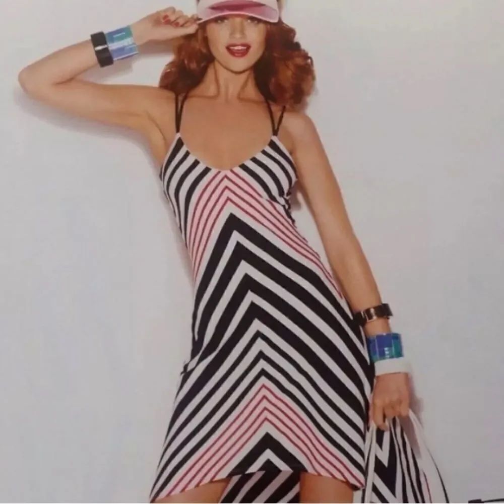 Bebe Hi-Lo Striped Black White Red Hi-Lo Dress Event Party